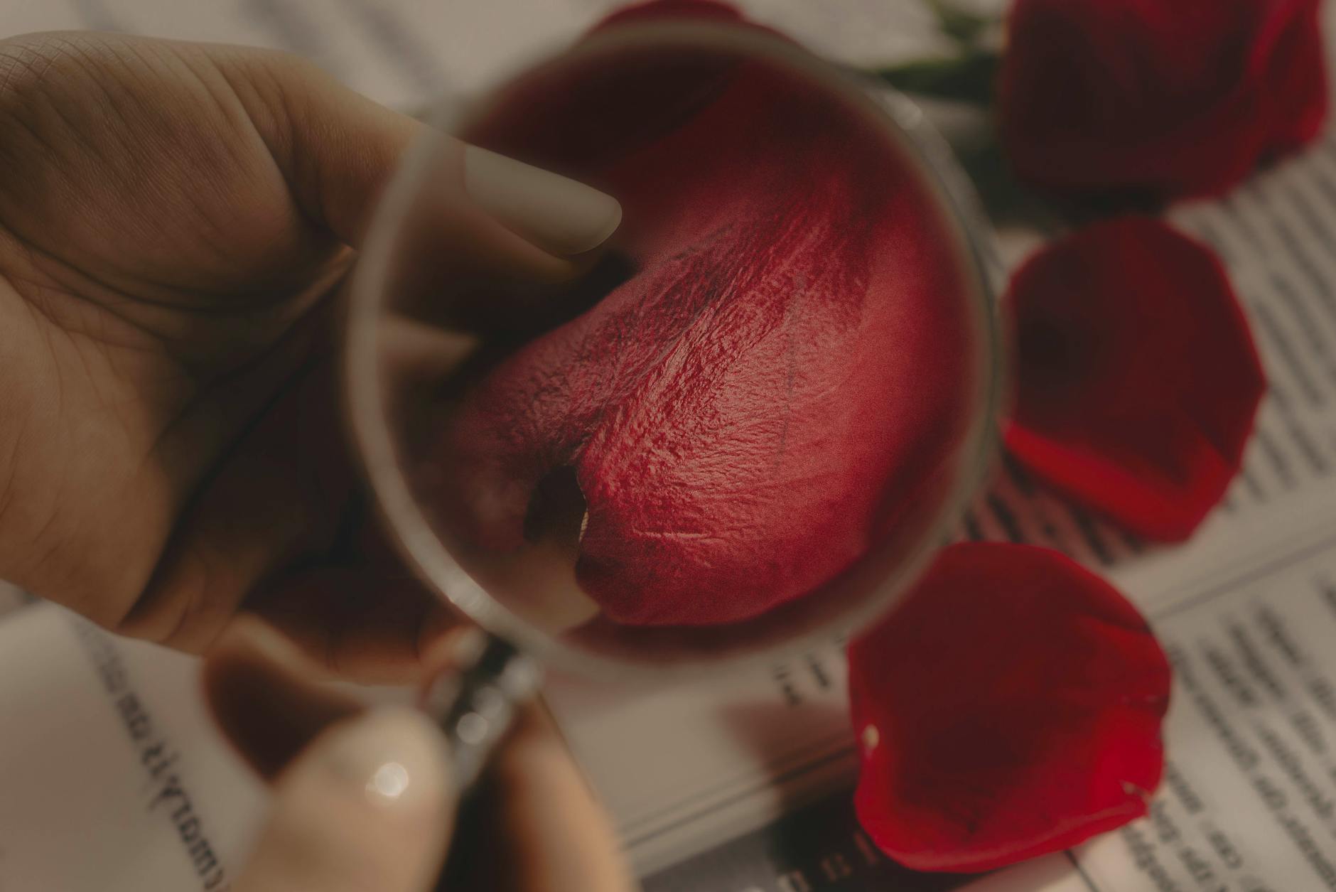 Detailed view of a rose petal magnified with a lens, highlighting texture.
