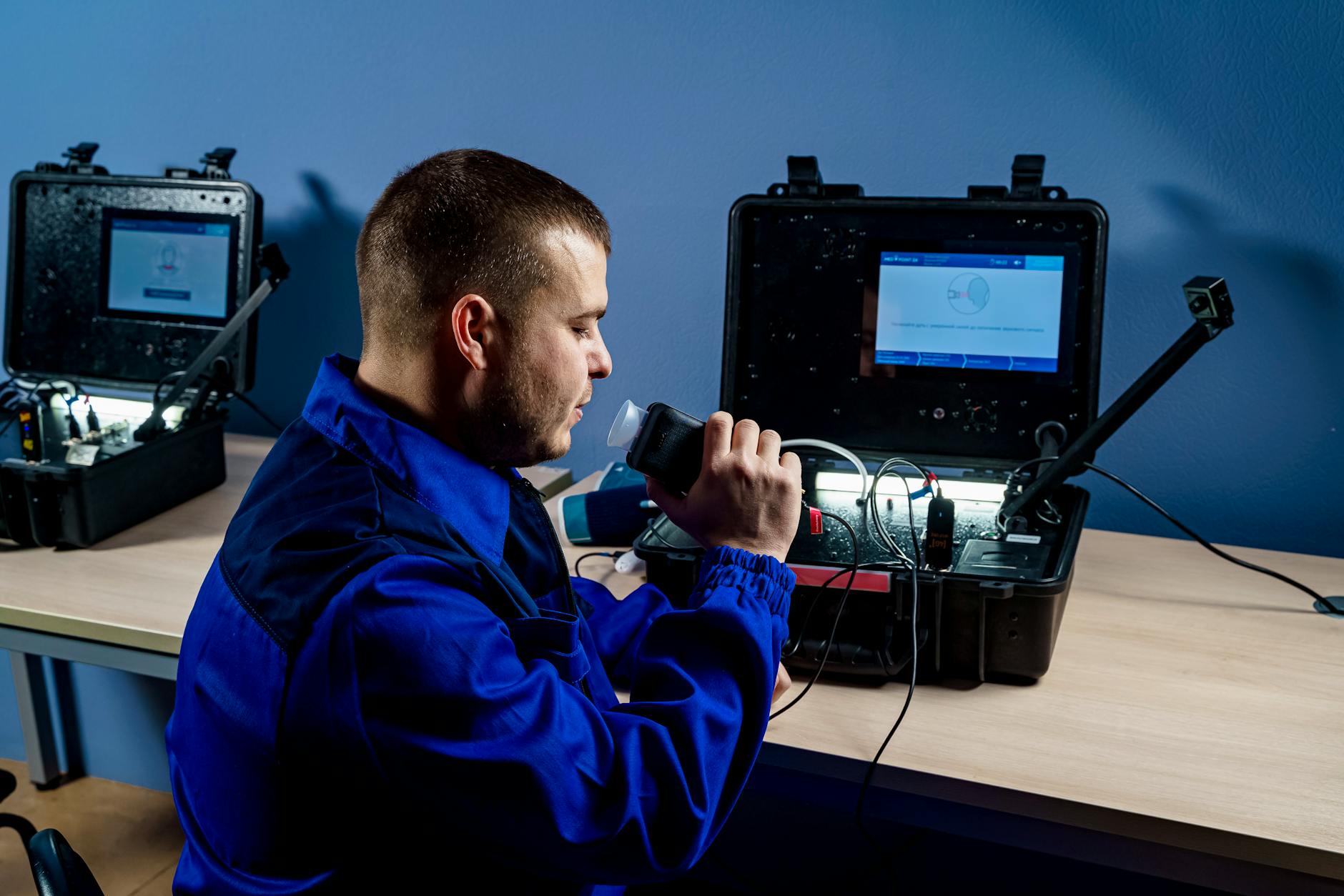 A technician in blue uniform using portable diagnostic equipment indoors.
